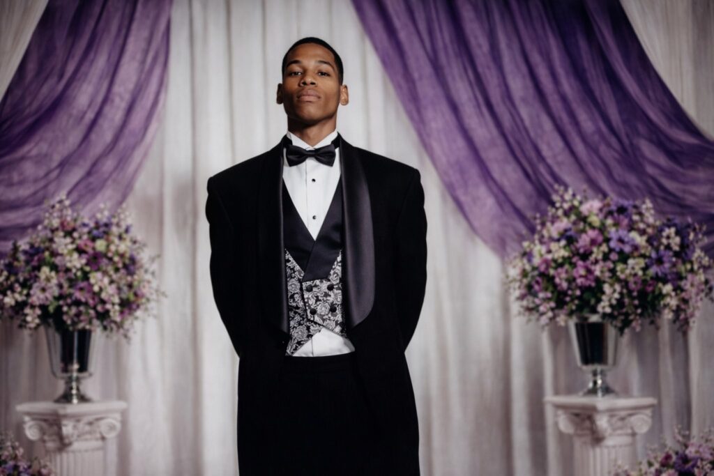 Tony L. Tucker in a tuxedo, an AI-restored photograph